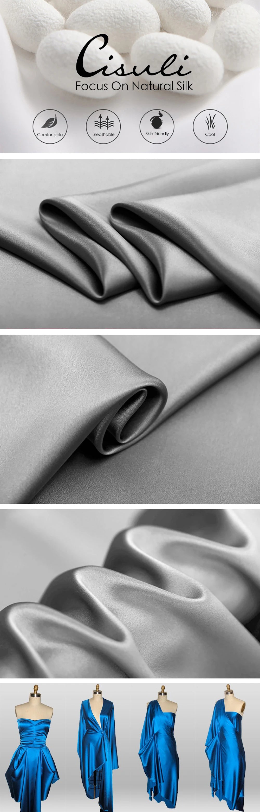 CISULI Pure Silk Stretch Satin Fabric,16momme,Width 140cm,Silk Lycra,Shirt and Dress Cloth Material