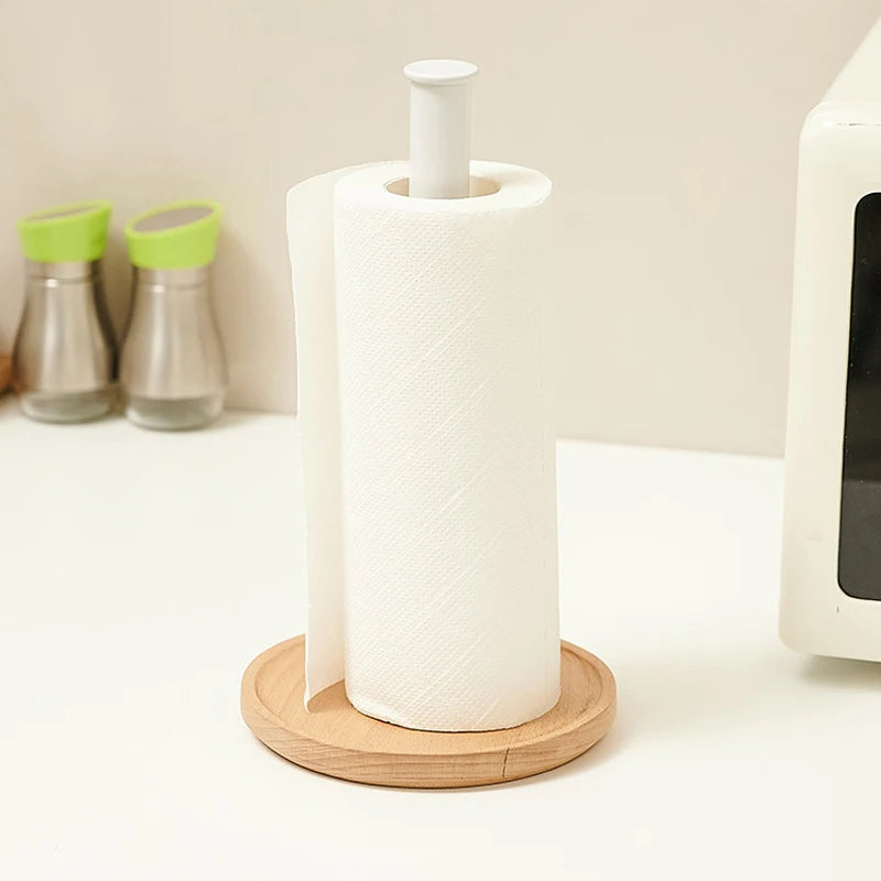 Modern Walnut Kitchen Roll Paper Holder Vertical Paper Towel Rack Shelf with Wooden Base Countertop Kitchen Metal Standing