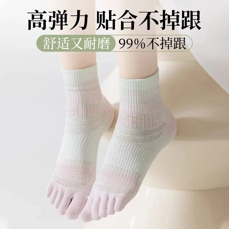 100% Cotton Five Toe Socks for Women - Breathable Striped Crew Socks, Comfy No Blister Toe Socks for Daily Wear