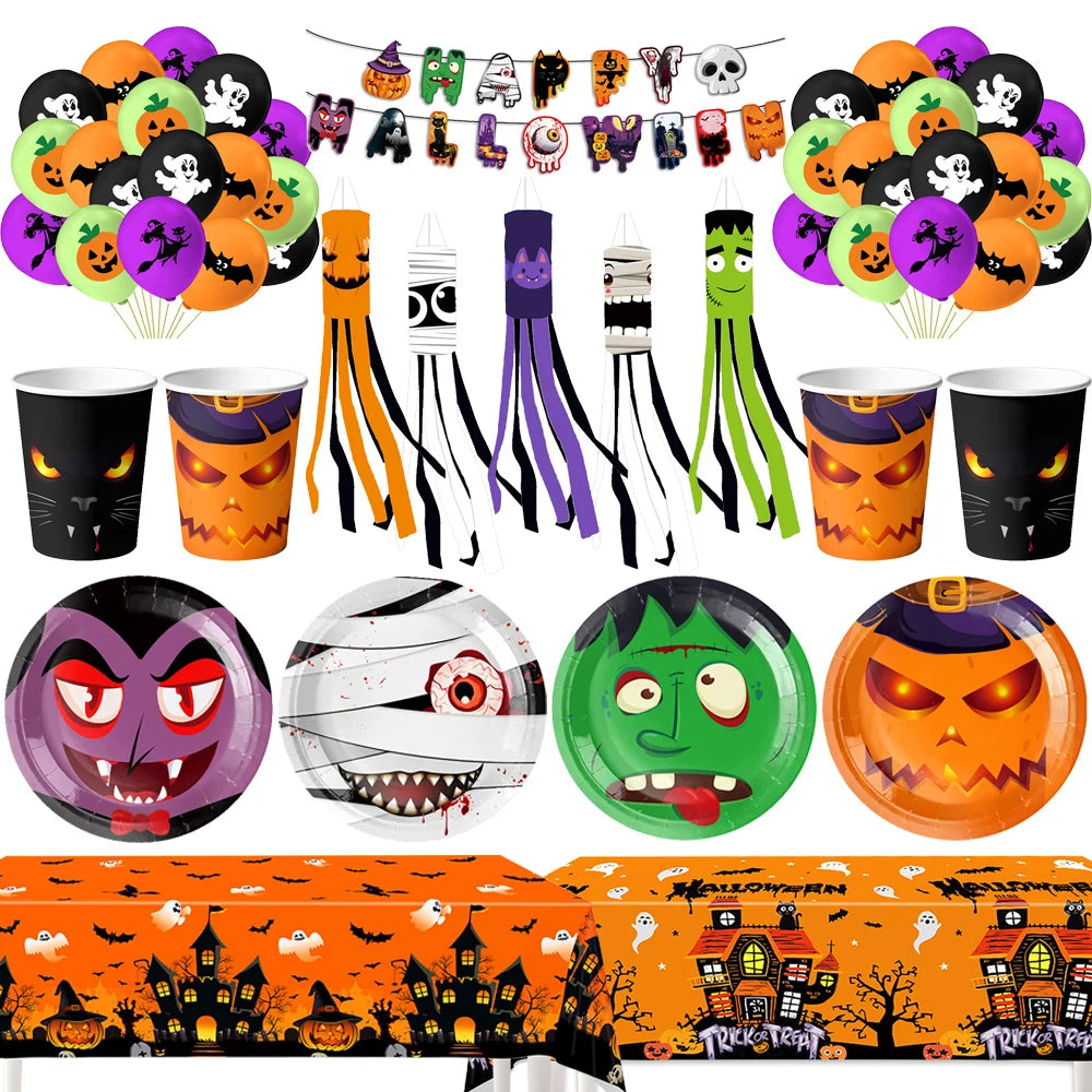 Halloween Ghost Party Decoration Disposable Tableware Balloon Banner Ceiling Door Hanging for Happy Hunting Halloween Supplies
