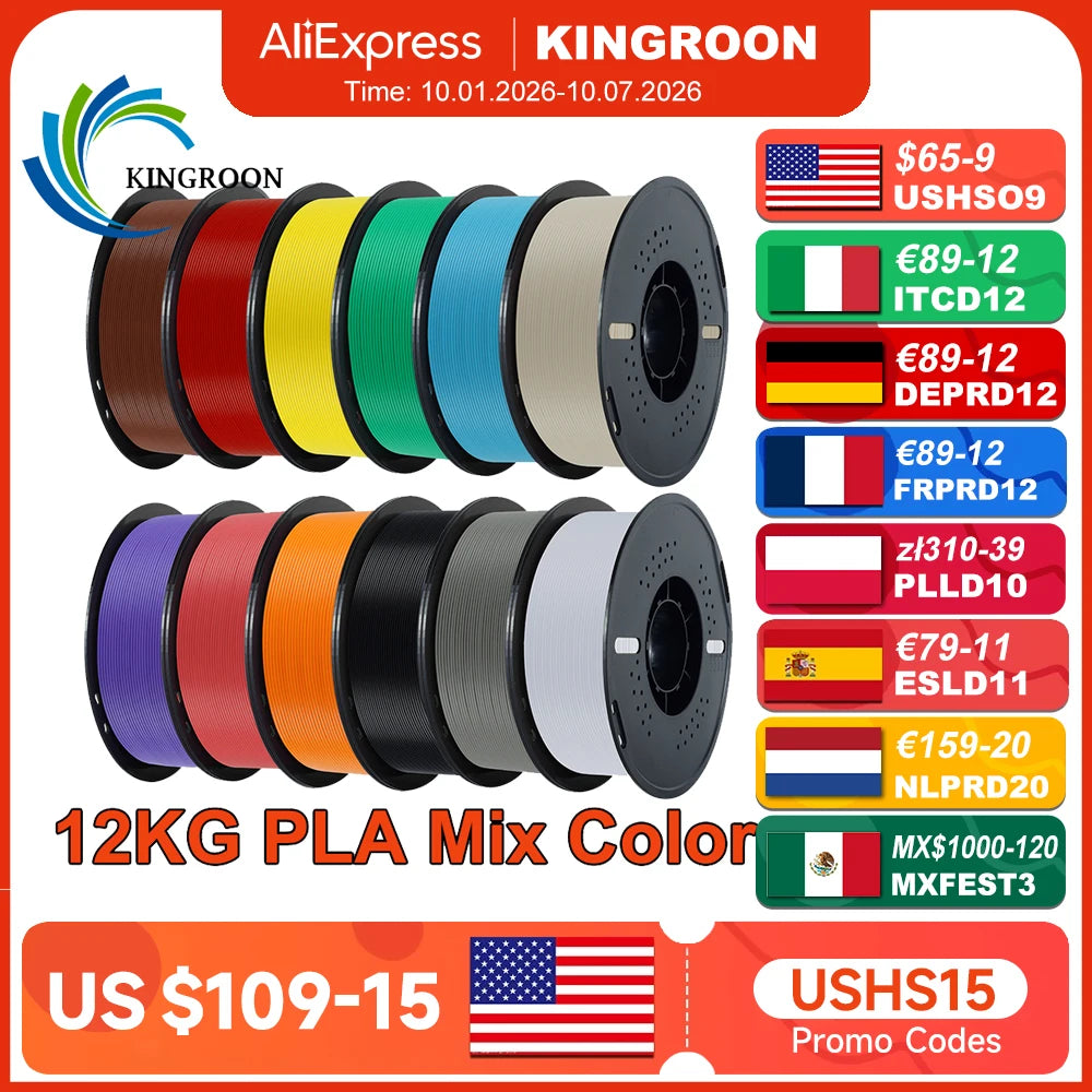 KINGROON 10KG/22LBS Multicolor PLA Filament 1KG/Roll 1.75mm For 3D