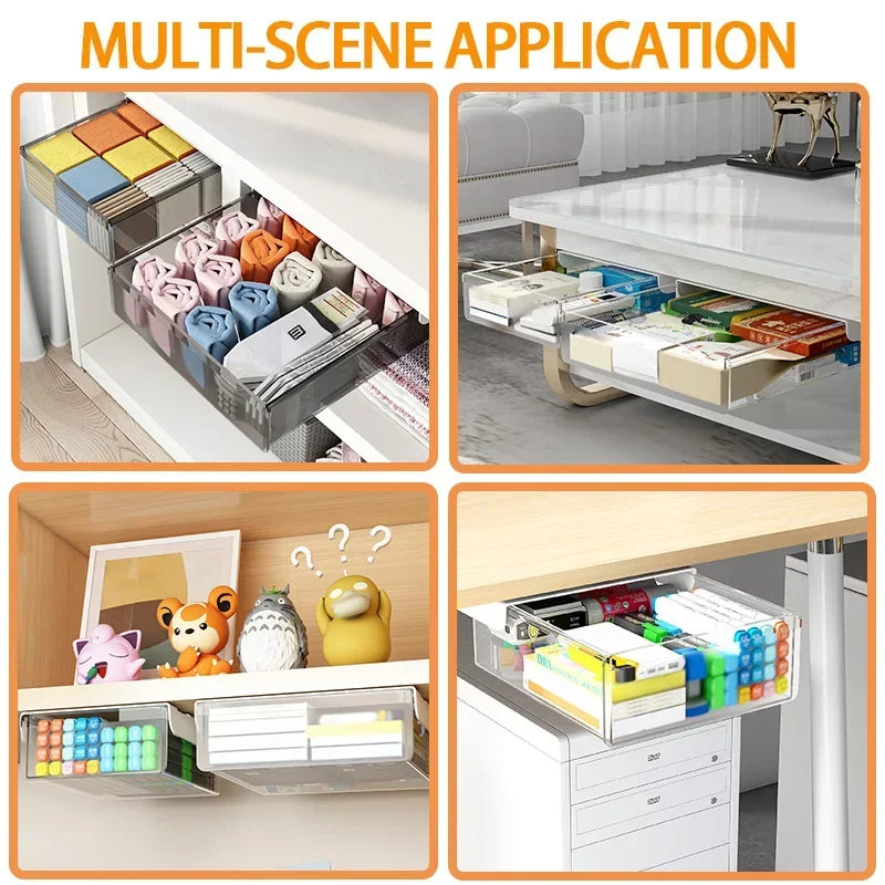 Transparent Under Desk Drawer Self Stick Hidden Storage Tray Quiet Pull Out Desk Organizer Accessory