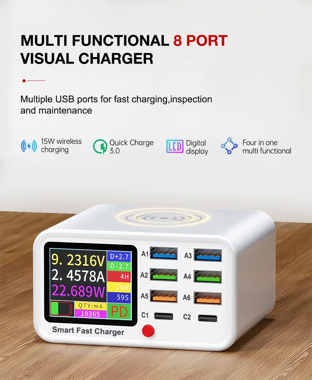Unew Multifunction USB C Fast Charger 8 Port Desktop Charger Type C PD3.0 PPS QC3.0 15W Fast Wireless Charger for MacBook Phone