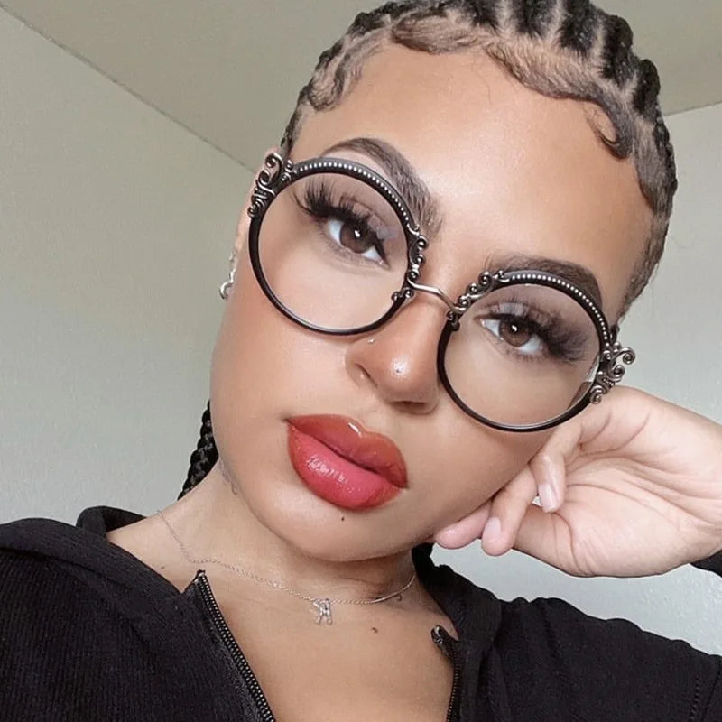 Gold Clear Carving Round Reading Glasses Women Unique Vintage Prescription Eyeglasses Metal Frame Blue Light Blocking Glasses