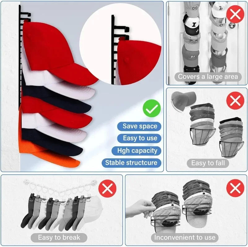 Hat Rack for Wall Stick-on Baseball Cap Storage Holder Display Hanger Hat Storage Organization Wall Mount for Bedroom Closet