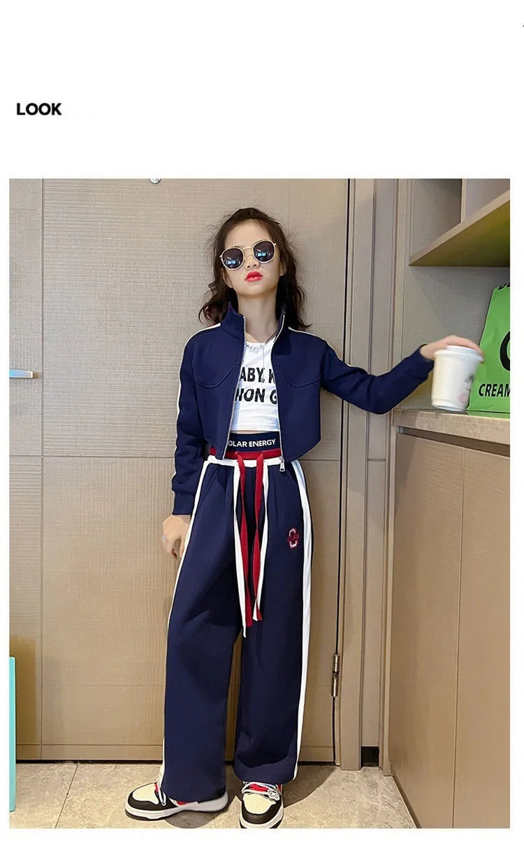 Spring Autumn Girl Striped Cropped Full Zip Sweatshirt+Loose Drawstring Sweatpant Set School Kids Tracksuit Child Outfit 3-16Yrs