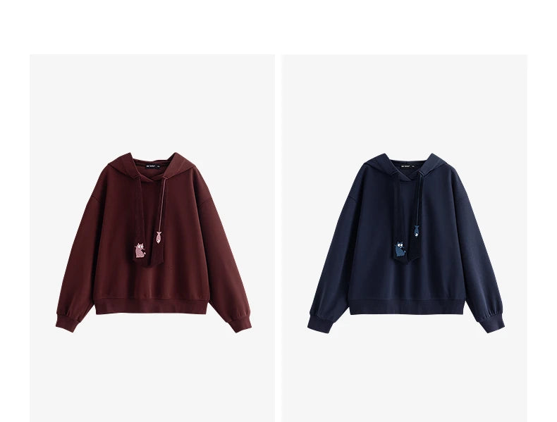 TOYOUTH Women Hoodies Sweatshirt 2025 Autumn New College Style Cat Embroidery Tie Cotton Hooded Pullover Tops