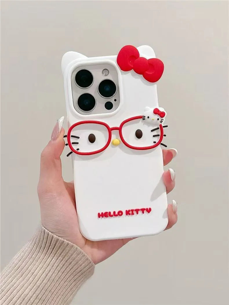 Hello Kitty 3D Cat-Eye Glasses Silicone Phone Case for iPhone 17 Pro Max 16 15 Plus 14 13 Mini 12 11 4 4S 5 5S 7 8 SE Shockproof