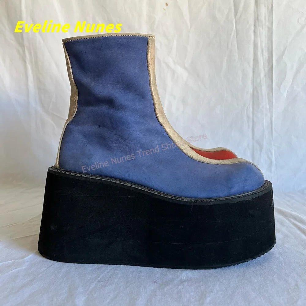 Y2K Red Blue Platform Ankle Boots Round Toe Side Zipper Color