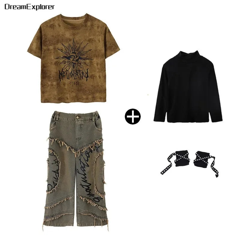 Boys Wasteland Punk Street Dance Sweatshirt Jeans Pants Girls Hip Hop Clothes Sets Kids Jazz Stage Costumes Children Streetwear