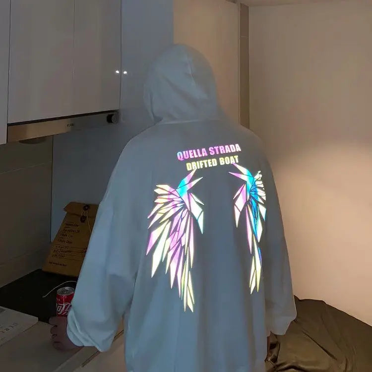 Reflective Male Hoodie Hip Hop Overfit New in No Brand Y2k Vintage Novelty and Simple 90s Tops Fleeced Men's Hooded Sweatshirt