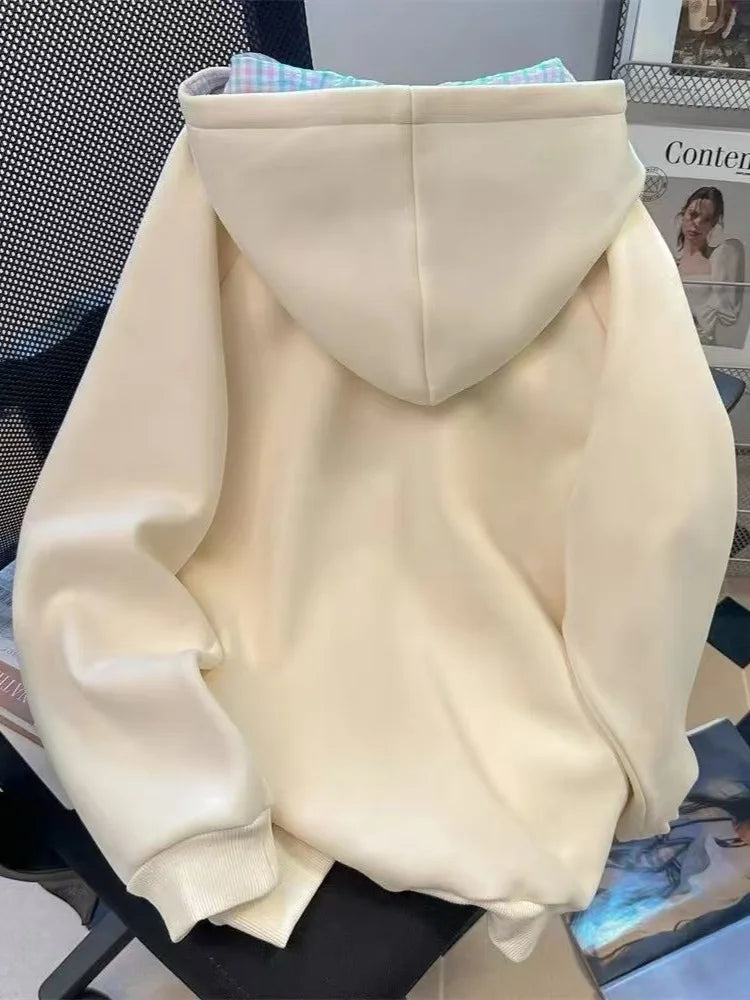 Sweet Cute Sweatshirt Jacket Loose Versatile Girly Style Kawaii Striped Zip Hood Autumn and Winter Embroidery Coat