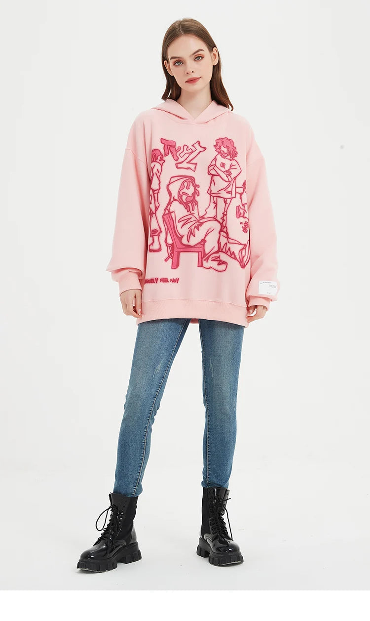2025 Men Streetwear Pink Hoodie Sweatshirt Funny Cartoon Graphic Hoodie Autumn Harajuku Anime Hooded Pullover Hip Hop Hipster