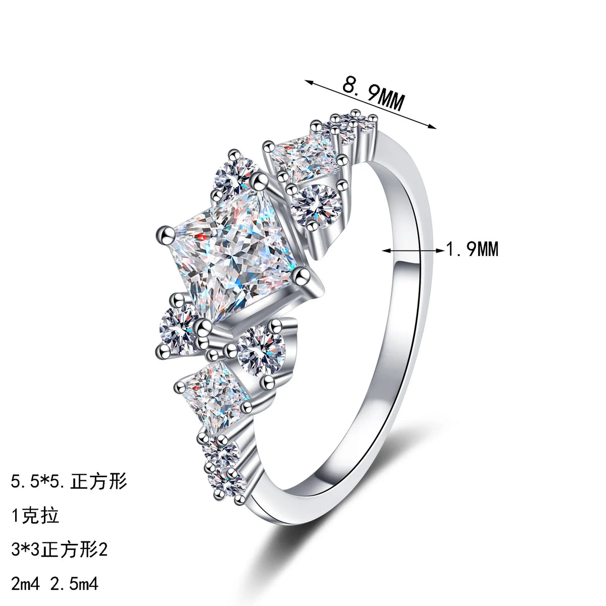 GRA Certified D Color Princess Square Cut 1CT Moissanite Ring Women Fashion Wedding Rings 925 Sterling Silver Fine Jewelry