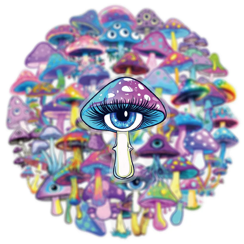 50 Pcs Transparent Iridescent Mushroom Stickers - PET Decorative Decals for Notebooks, Phone Cases, Tablets, Motorcycle