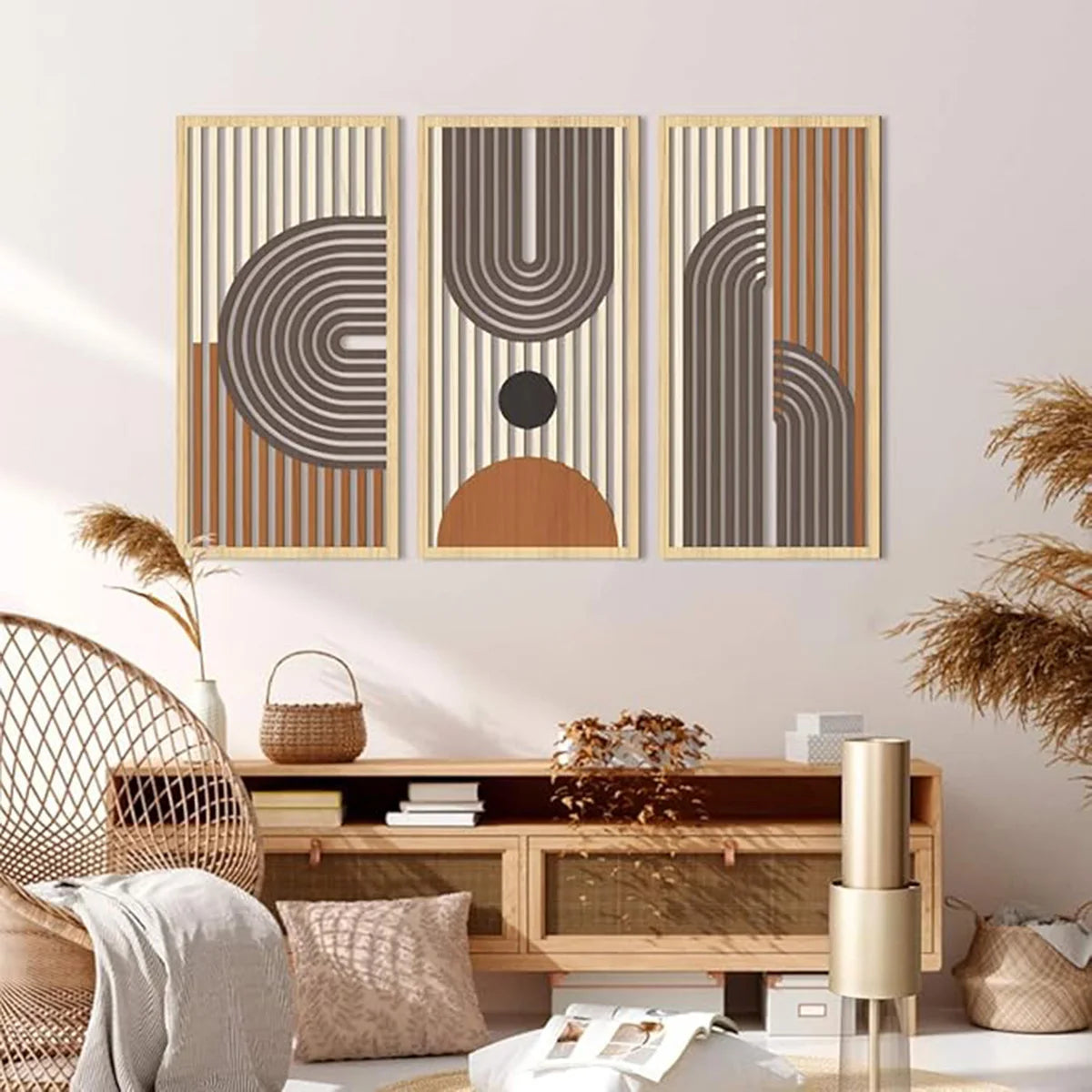 3pcs Bohemian Style Hollow Wooden Wall Art Abstract Geometry Decorative Pieces for Bedroom Living Room Dining Room Porch