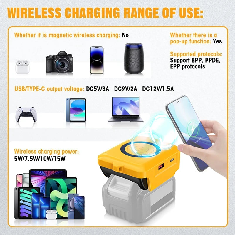 Tool Accessories Type-C USB Power Bank Wireless Charger Adapter for Makita for Dewalt for Milwaukee for Bosch 18V Li-ion Battery