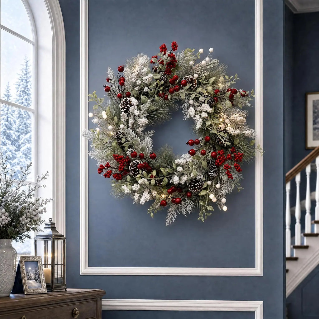 Garvee Elegant Snowy Pinecone Berry Christmas Wreath LED PVC