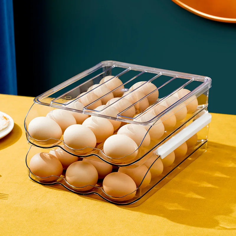 Automatic Slide Egg Storage Box Transparent Drawer, Stackable Rolling Eggs Rack Egg Tray Holder Basket, Kitchen Fridge Organize