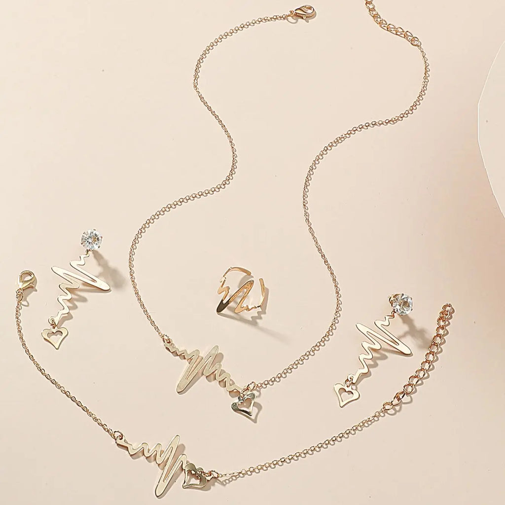 5 Pts Heartbeat Love Zircon Necklace Bracelet Ring Earrings