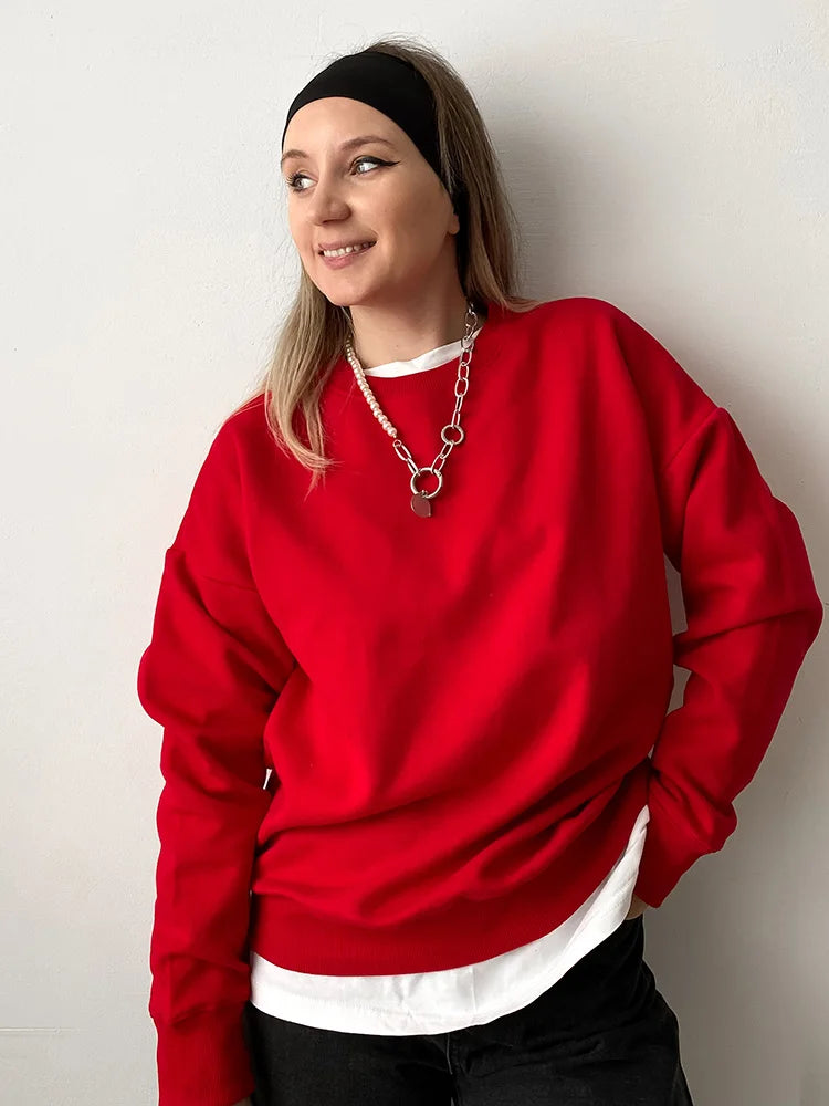 Autumn Oversized Sweatshirts Women Cotton Loose Pullovers Red O Neck Warm Sweatshirt For Women Oversize Winter Clothes Fleece