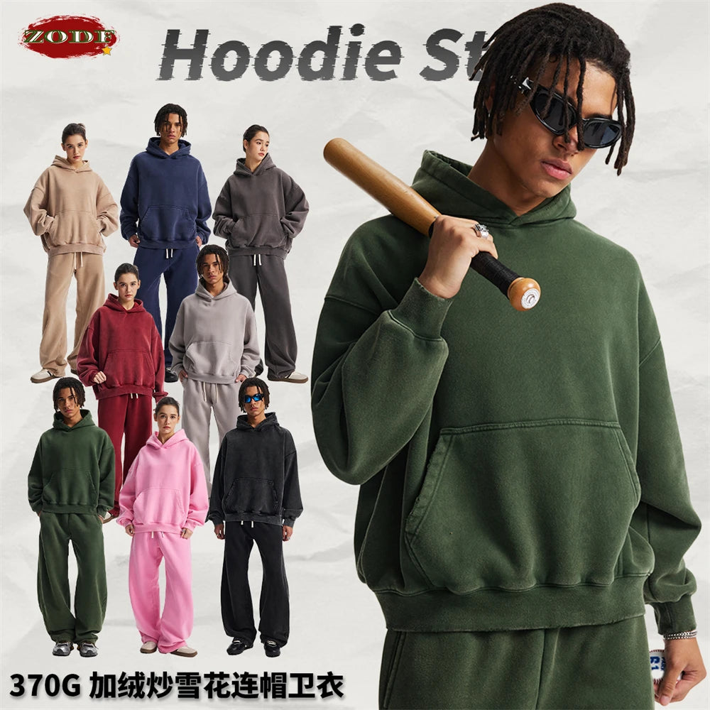 ZODF Retro 2025 Winter Man Washed Boxy Fleece Hoodies Unisex 370gsm Loose Hooded Pullovers Sweatshirt Streetwears HY1129