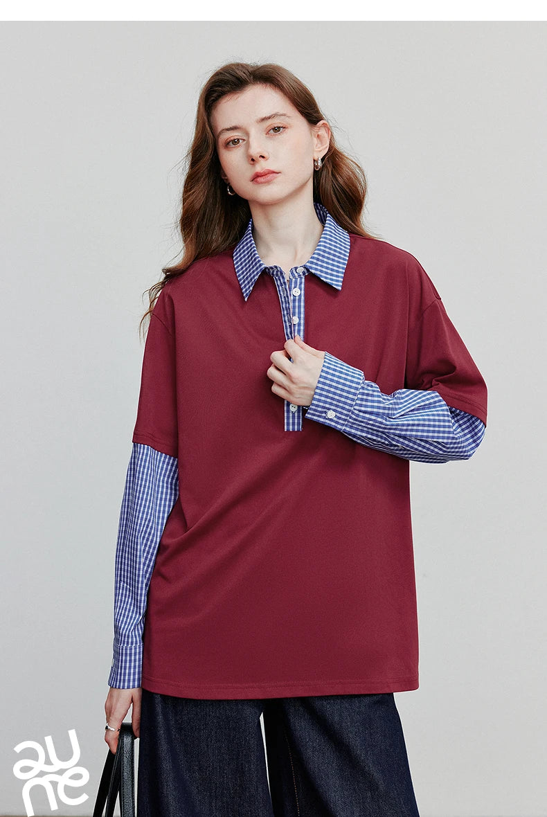 TOYOUTH Women Hoodies Sweatshirt 2025 Autumn New Spliced Fake Two Piece Polo Collar Striped Casual Pullover Tops