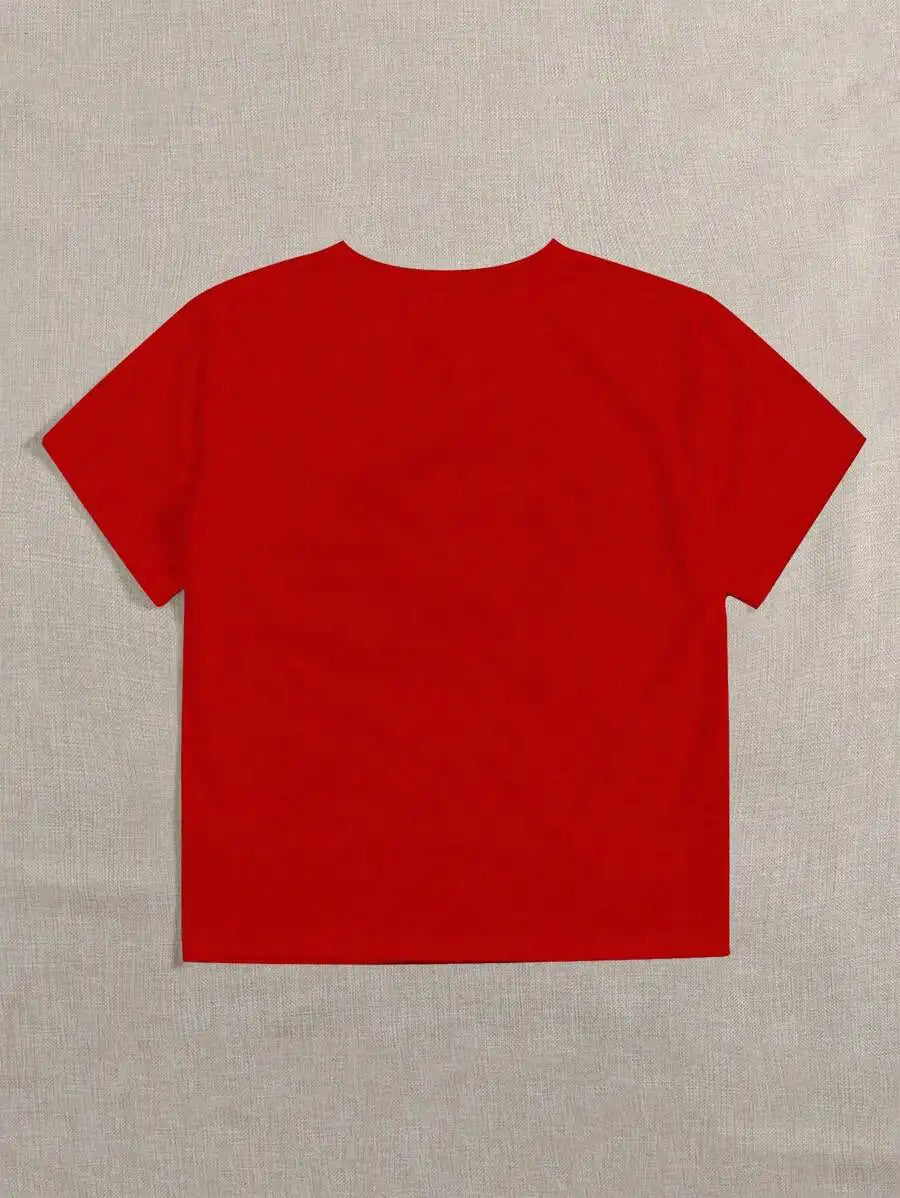 Women Fashionable Letter Cartoon Print Round Neck T-shirt Simple