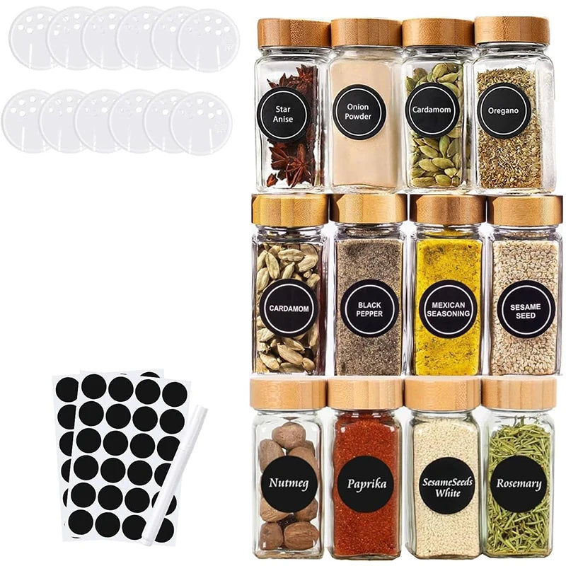 12Pcs Glass Spice Jars with Labels Kitchen Accessories 4oz Square Seasoning Containers Kitchen Salt Herbs Sugar Bottles JT510