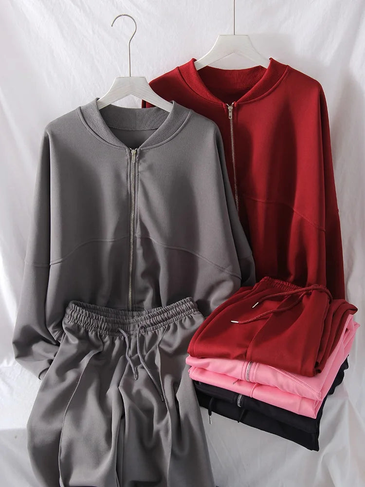 Gray Straight Pants Two Pieces Sets Women Outfit Long Sweatpants Street Wear Zipper Jacket Track Suits Sweatshirt Sets For Women