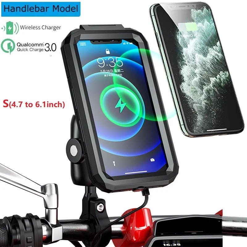 2022 Waterproof Case 12V Motorcycle Phone Holder Wireless Charger 15W Qi/ Type C PD USB Fast Charge Mount Box Double Socket Arms