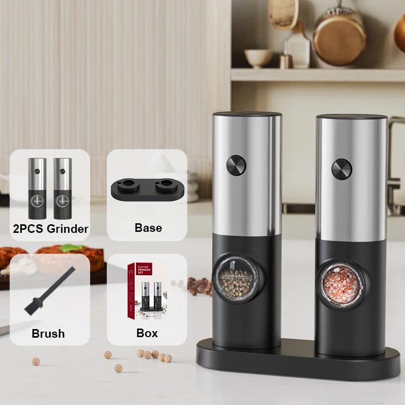 Electric Salt Pepper Grinder Set USB Rechargeable Automatic Spice Mill with LED Light Adjustable Coarseness Kitchen Gadget