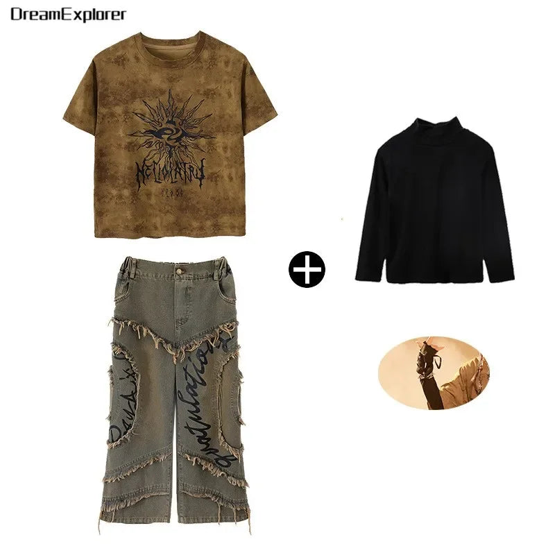 Boys Wasteland Punk Street Dance Sweatshirt Jeans Pants Girls Hip Hop Clothes Sets Kids Jazz Stage Costumes Children Streetwear