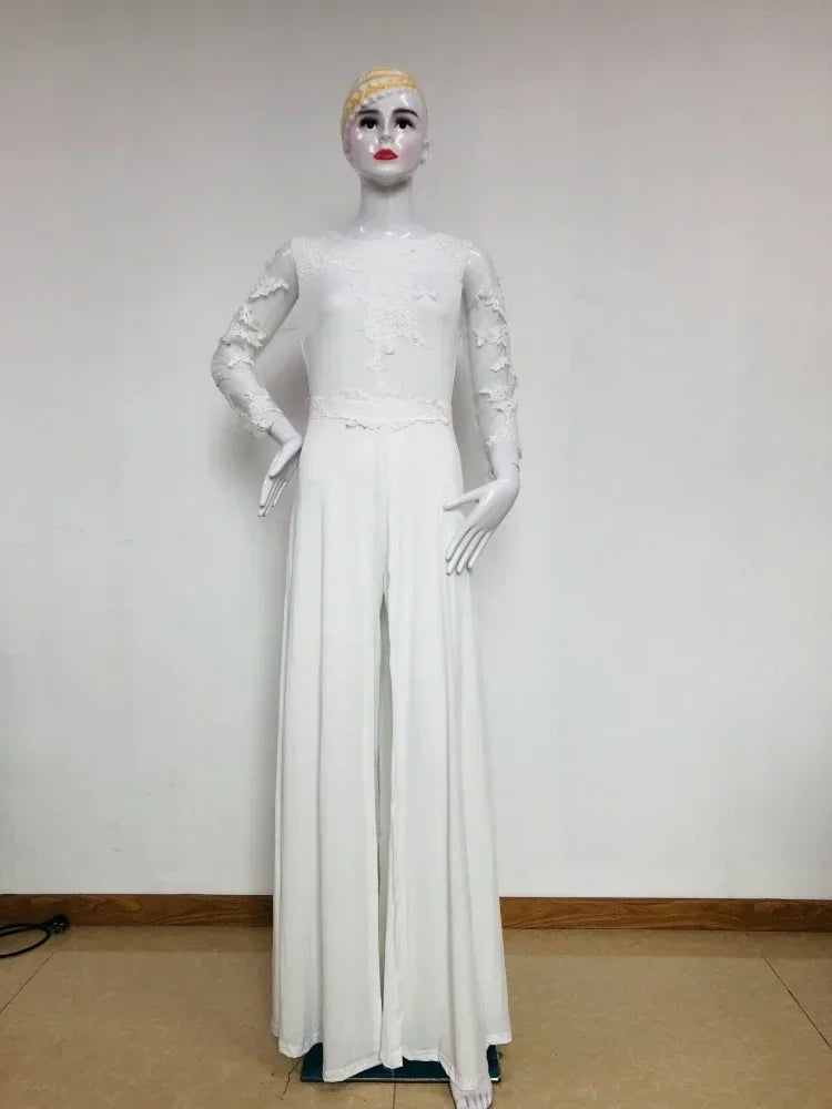 Elegant Jumpsuits Women Perspective Long Sleeve Lace White Lady Straight High Waist Spring Fake 2 Pieces Jumpsuit Lugentolo