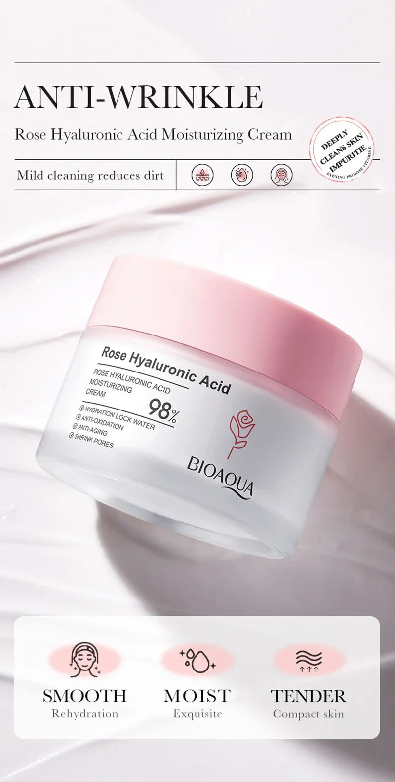 BIOAOUA Hyaluronic Acid Rose Essence Cream Shrink Pores Anti-oxidation Lock Water Hydrating Moisturizing Face Cream Skin Care