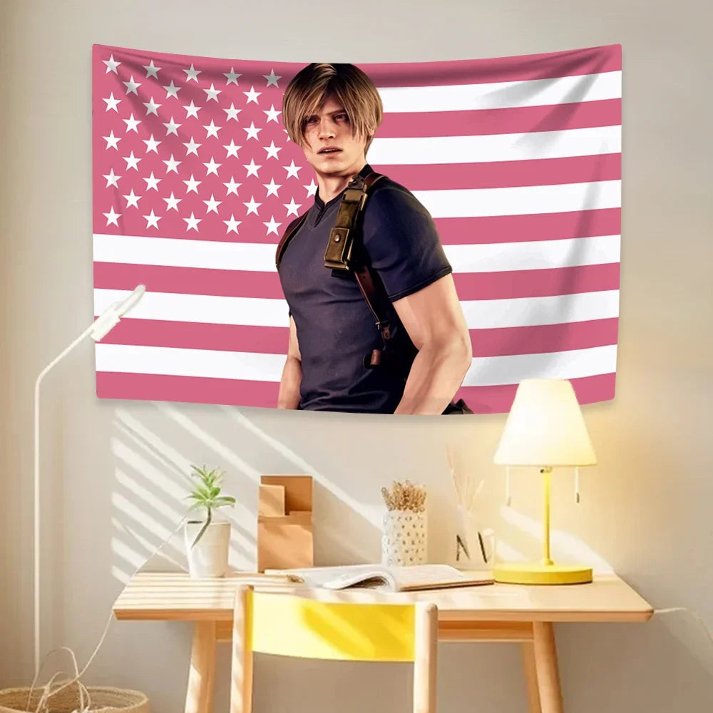 Leon Kennedys American Flag  Hippie Home Decor Aesthetics Wall Hanging Bedroom Dorm Background Cloth Birthday Gift