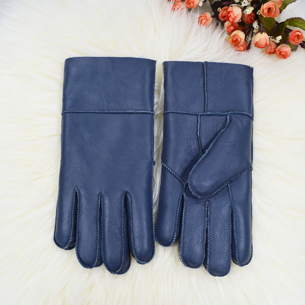 Classic Solid Color Winter Warm Sheepskin Fur Gloves Men Thickened Outdoor Motorcycle Riding Windproof And Leather Fur Gloves