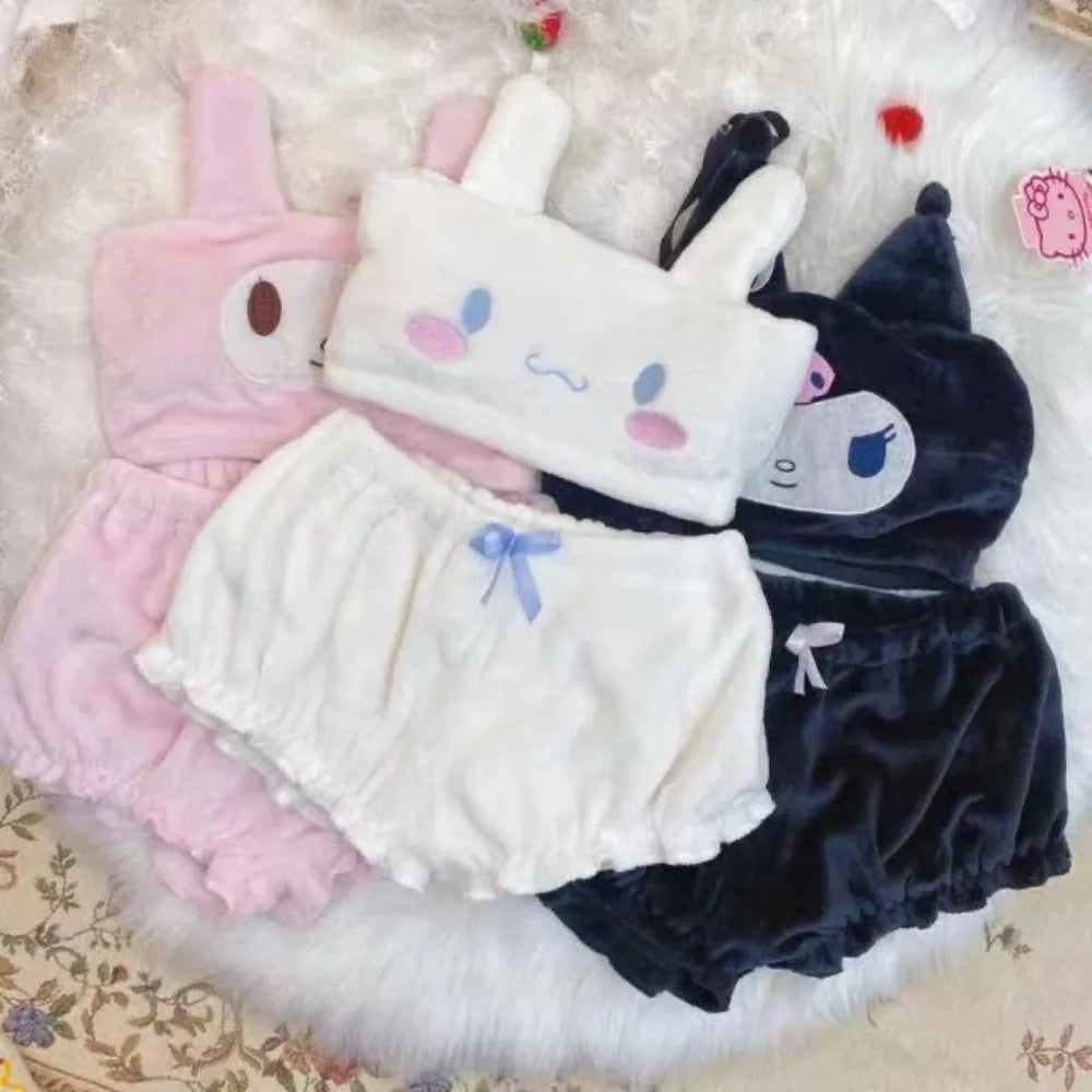 New cute cartoon devil angel big-eared dog cat sexy pajamas hot girls flannel cartoon fluffy suspenders pajamas shorts set girl