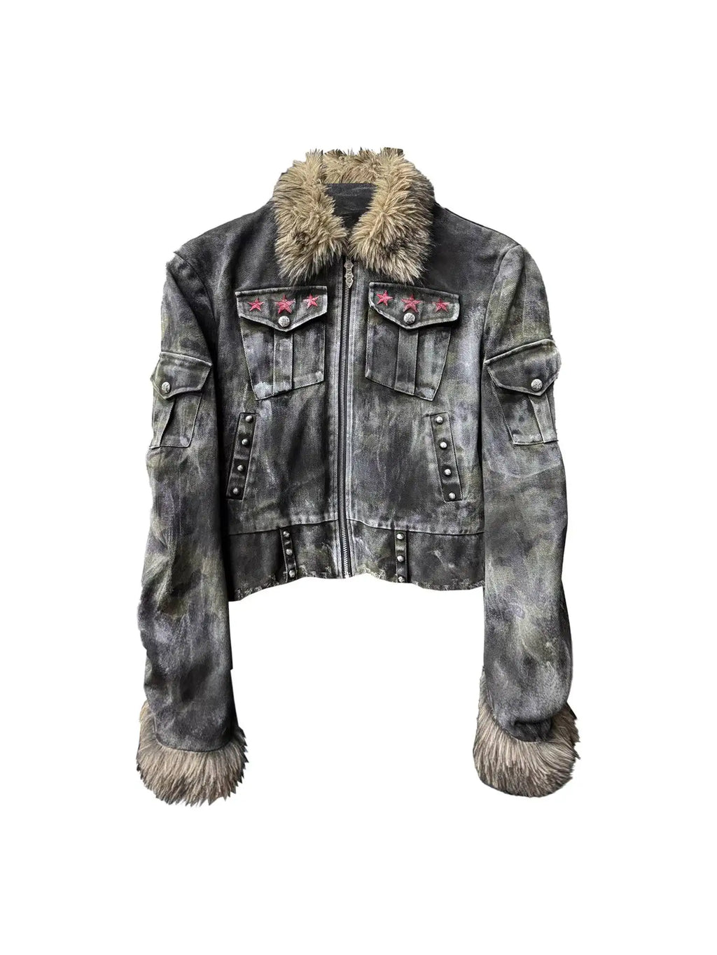 MWJLPWQ Washed Distressed Jacket Stains Irregular Damage Rivets