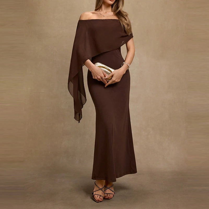Fashion High Waist Temperament Long Dress Elegant Irregular Solid Party Dress Sexy Off Shoulder Draped Wrap Hips Dress