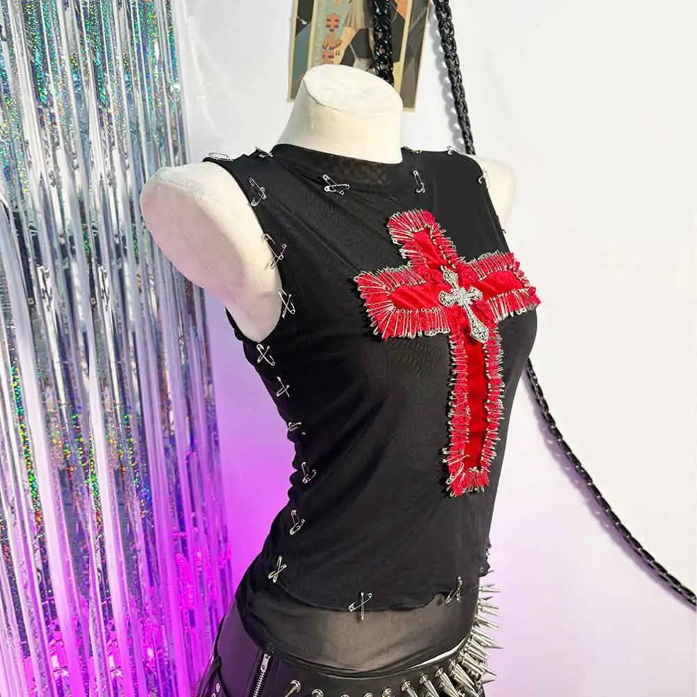 Harajuku Y2K TOPS Pin E-Girls Club Wear Rave Outfits Cross Emo