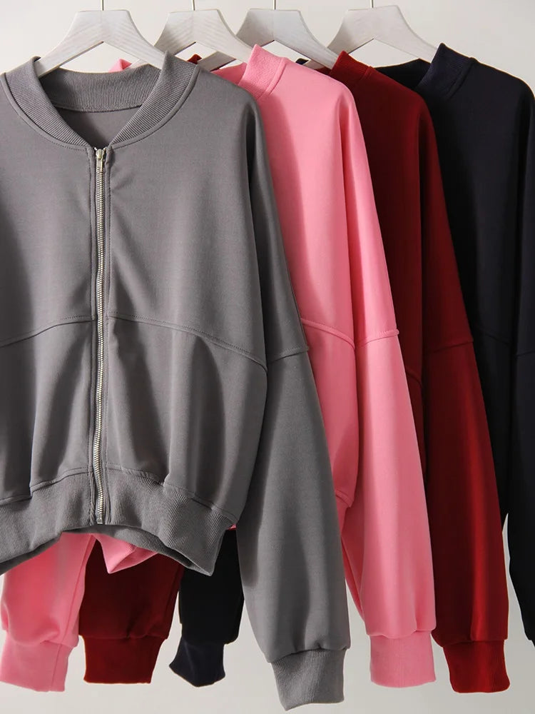 Gray Straight Pants Two Pieces Sets Women Outfit Long Sweatpants Street Wear Zipper Jacket Track Suits Sweatshirt Sets For Women