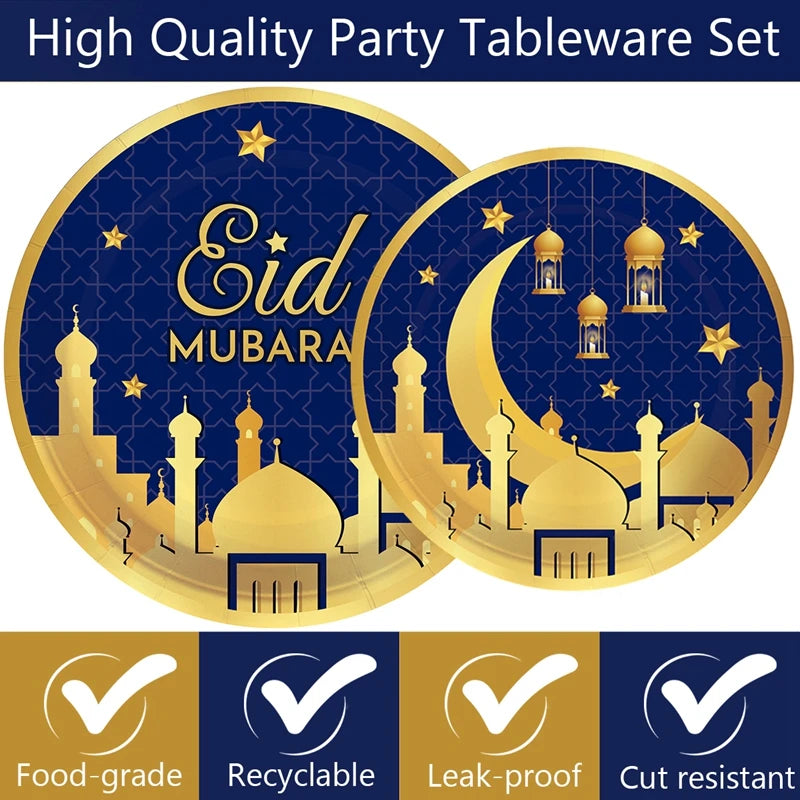 Blue Gold Eid Mubarak Ramadan Moon Festival Muslim Party Disposable Tableware Cups Plates Napkins Baby Shower Party Decorations