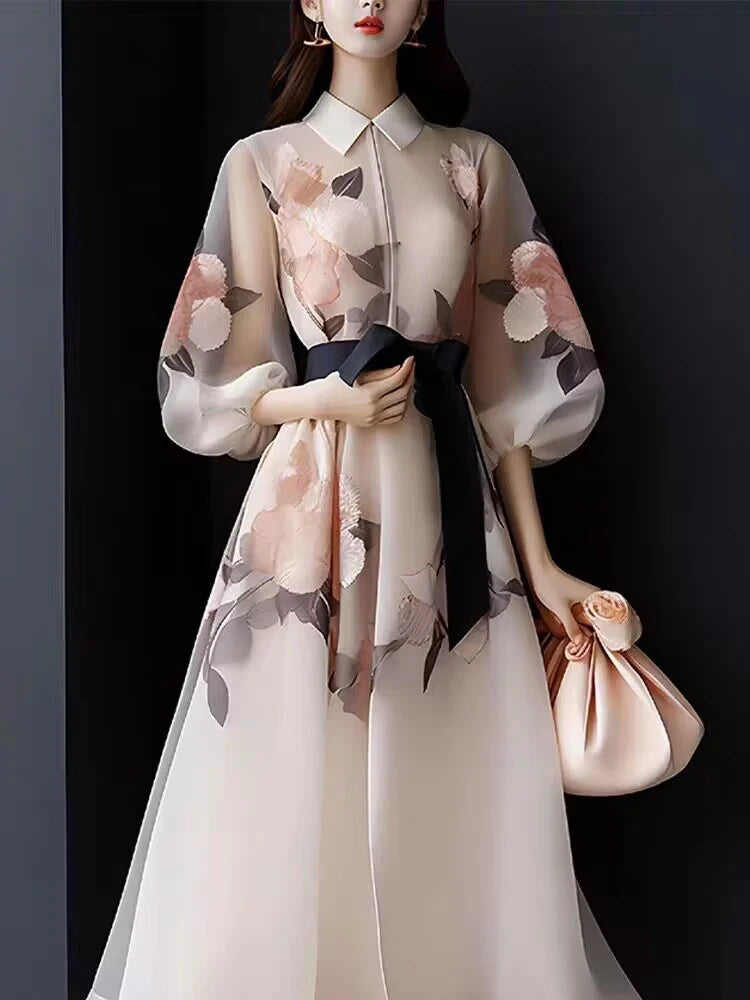 TWOTWINSTYLE Hit Color Elegant A Line Dresses For Women Lapel Lantern Sleeve High Waist Patchwork Lace Up Dress Female Fashion