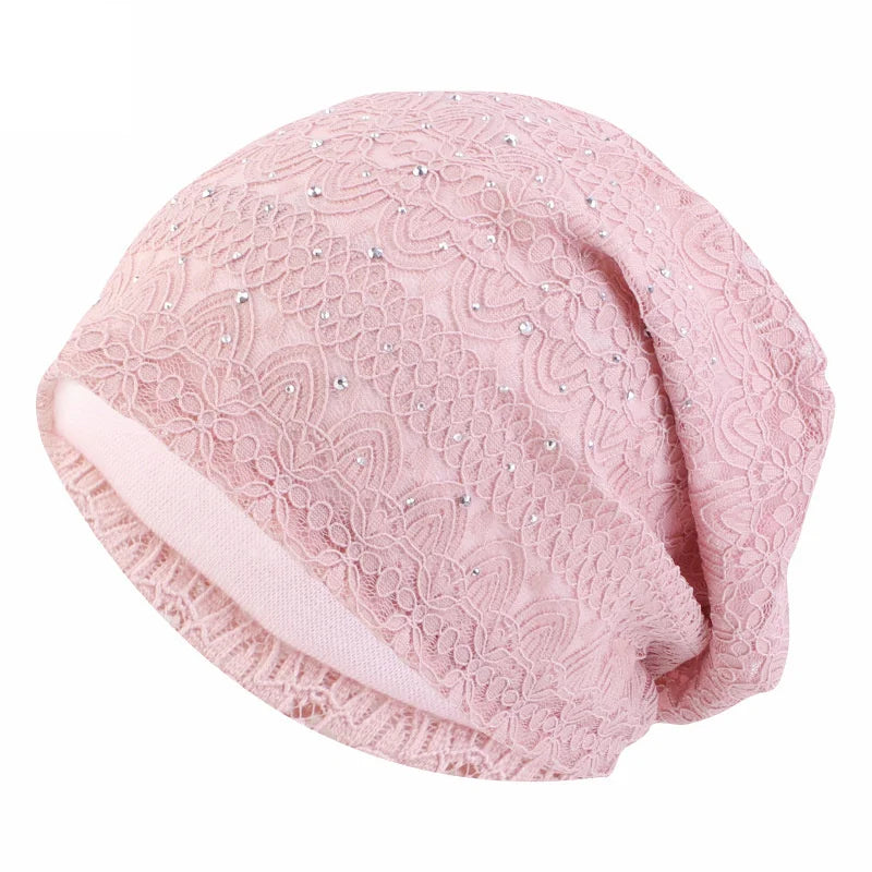 Winter Hats For Women Men Lace Rhinestone Breathable Turban Hat Windproof Warm Cap Female Beanie Hip Hop Bone Gorro Ponytail Hat