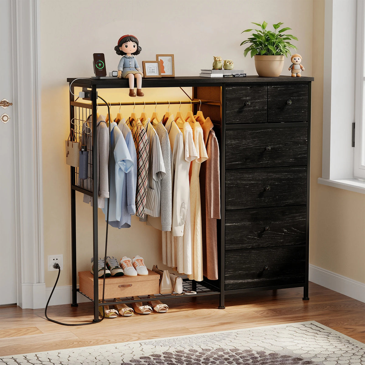 JHK 6 Drawer Fabric Dresser with Hanging Rack for Living Room