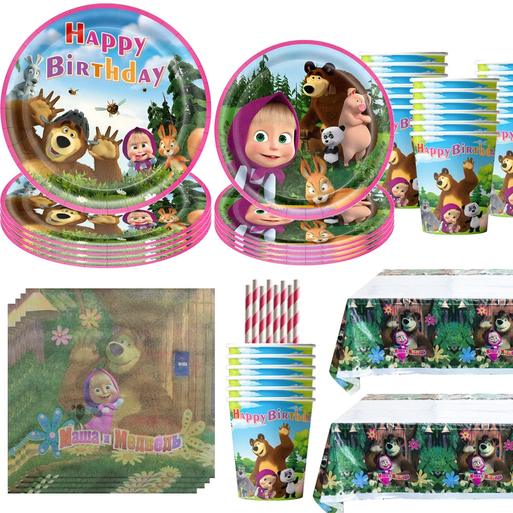 Cartoon Girl And Bear Birthday Party Decoration Tableware Set