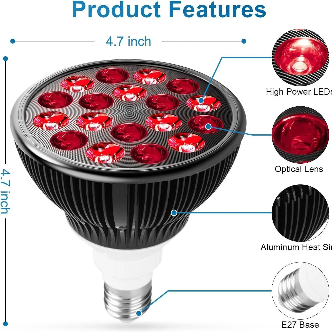 E27 LED Red 54W Light Therapy Lamp 660nm&850nm Infrared Bulb for Skin Care Pain Relief 360° Adjustable