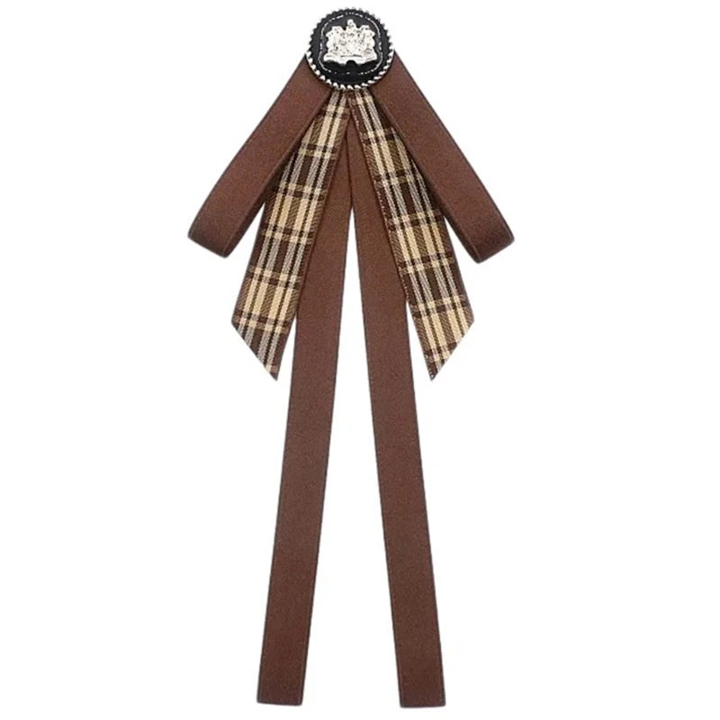 Ribbon Bowtie Brooch Pin Student Uniform Pre Tied Necktie Clip Vintage Brown Plaids Bowknot Corsage Shirt Jabot Collar