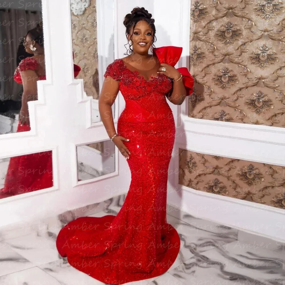 Charming Red Aso Ebi Evening Dresses Beads Sequins Mermaid Women Formal Met Gala Prom Gowns Nigerian  Robe De Bal Customized